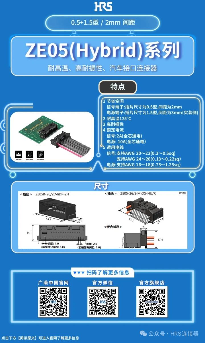 【產(chǎn)品推薦】耐高溫、高耐振性、汽車接口、電源信號(hào)混合型連接器ZE05系列